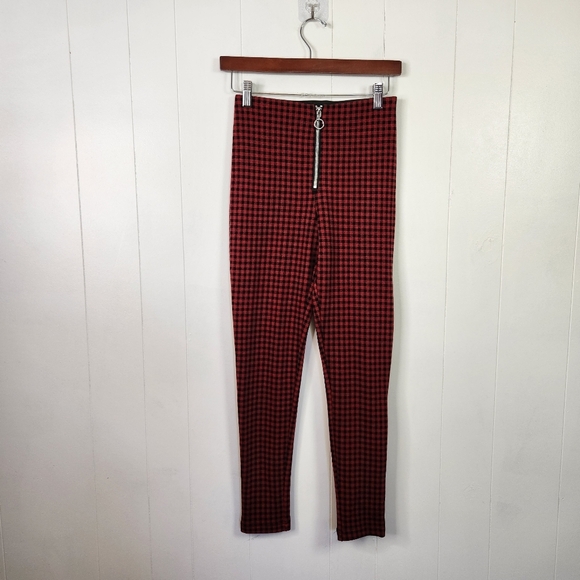 Zara Red Black Buffalo Check Mini Plaid Zip Strech Knit Pants High Rise Leggings - Picture 4 of 9